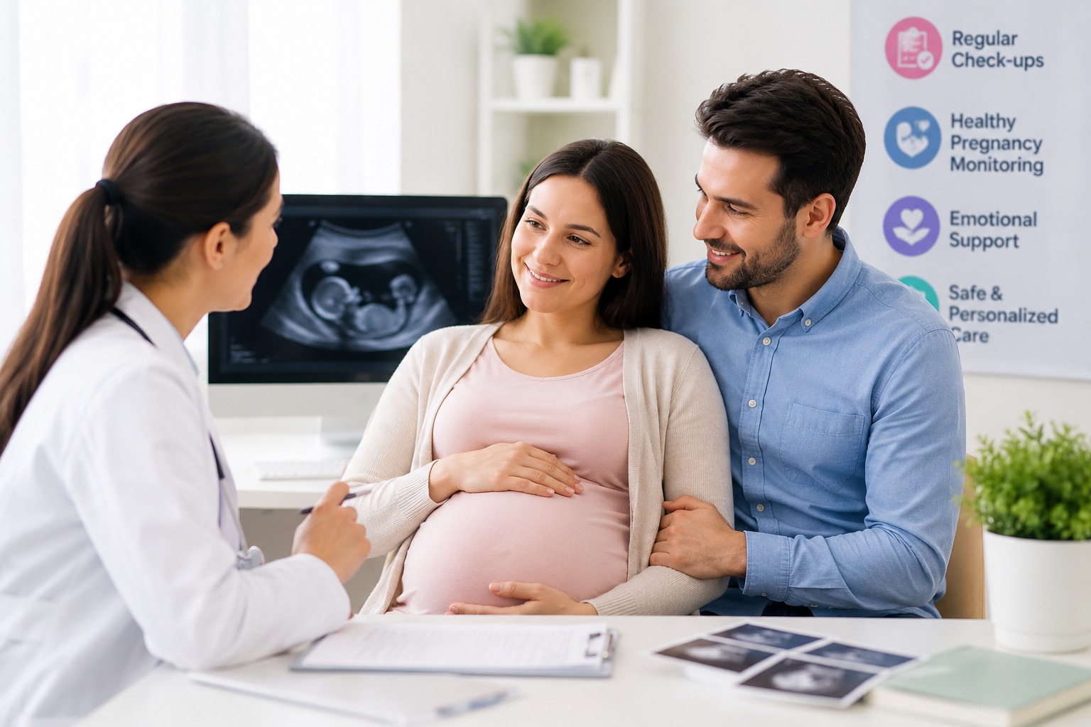 Doctor providing prenatal care to a pregnant surrogate with intended parents during a medical consultation