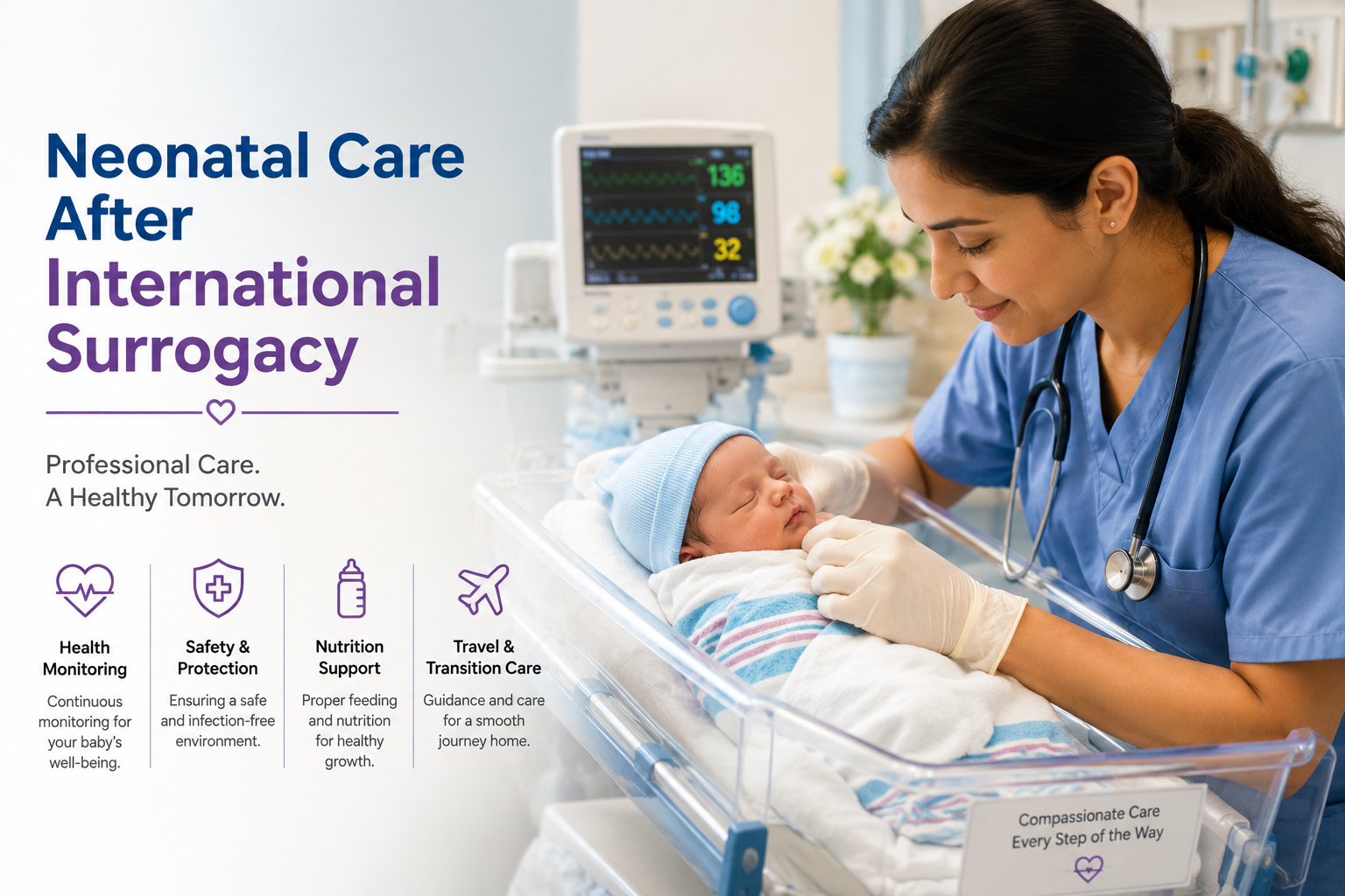 Nurse providing neonatal care to a newborn after international surrogacy, with health monitoring, nutrition, safety, and travel support.