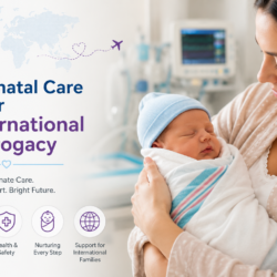 Neonatal care after international surrogacy with a mother holding her newborn in a hospital setting.