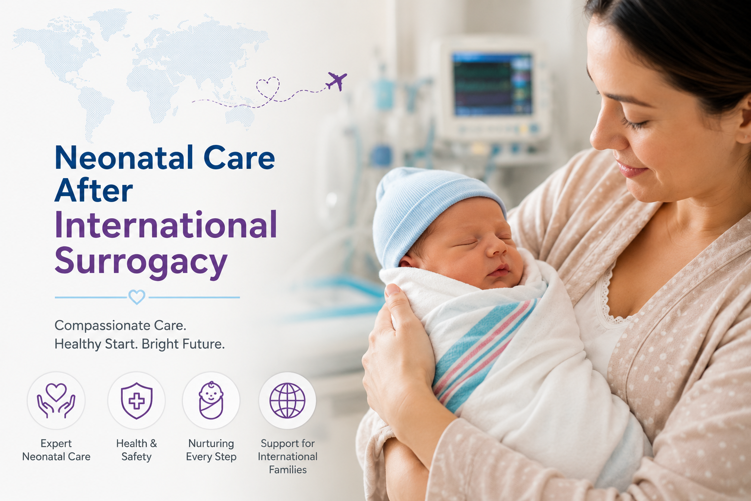 Neonatal care after international surrogacy with a mother holding her newborn in a hospital setting.