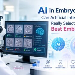 AI in embryology for IVF embryo selection, showing an embryologist using artificial intelligence to assess embryo quality in a modern fertility laboratory