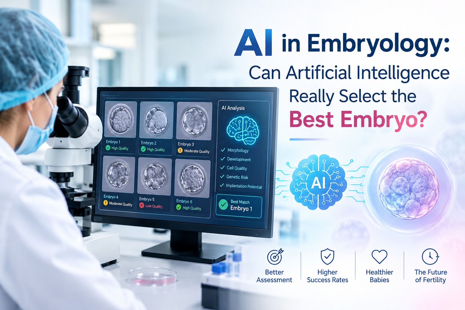 AI in embryology for IVF embryo selection, showing an embryologist using artificial intelligence to assess embryo quality in a modern fertility laboratory